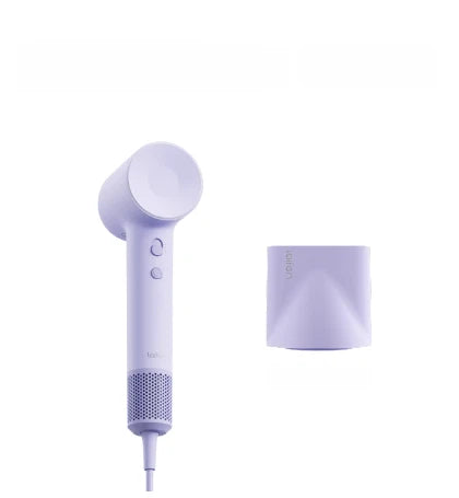 Laifen SE 2 high-speed hair dryer in lavender with matching magnetic nozzle attachment, lightweight ionic dryer