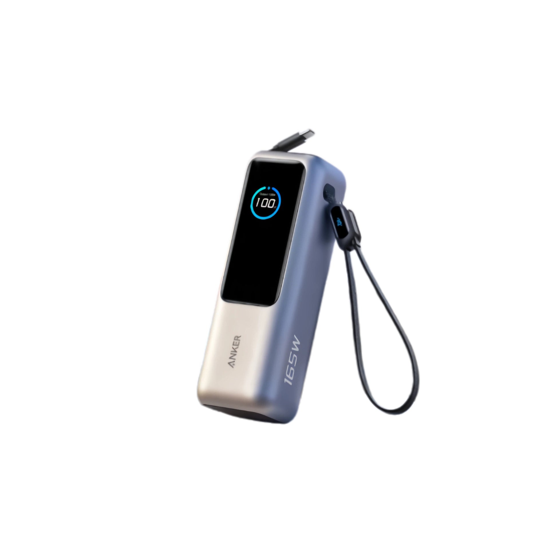 Anker 165W 25000mAh power bank in silver-blue finish with display screen and built-in retractable cable lanyard