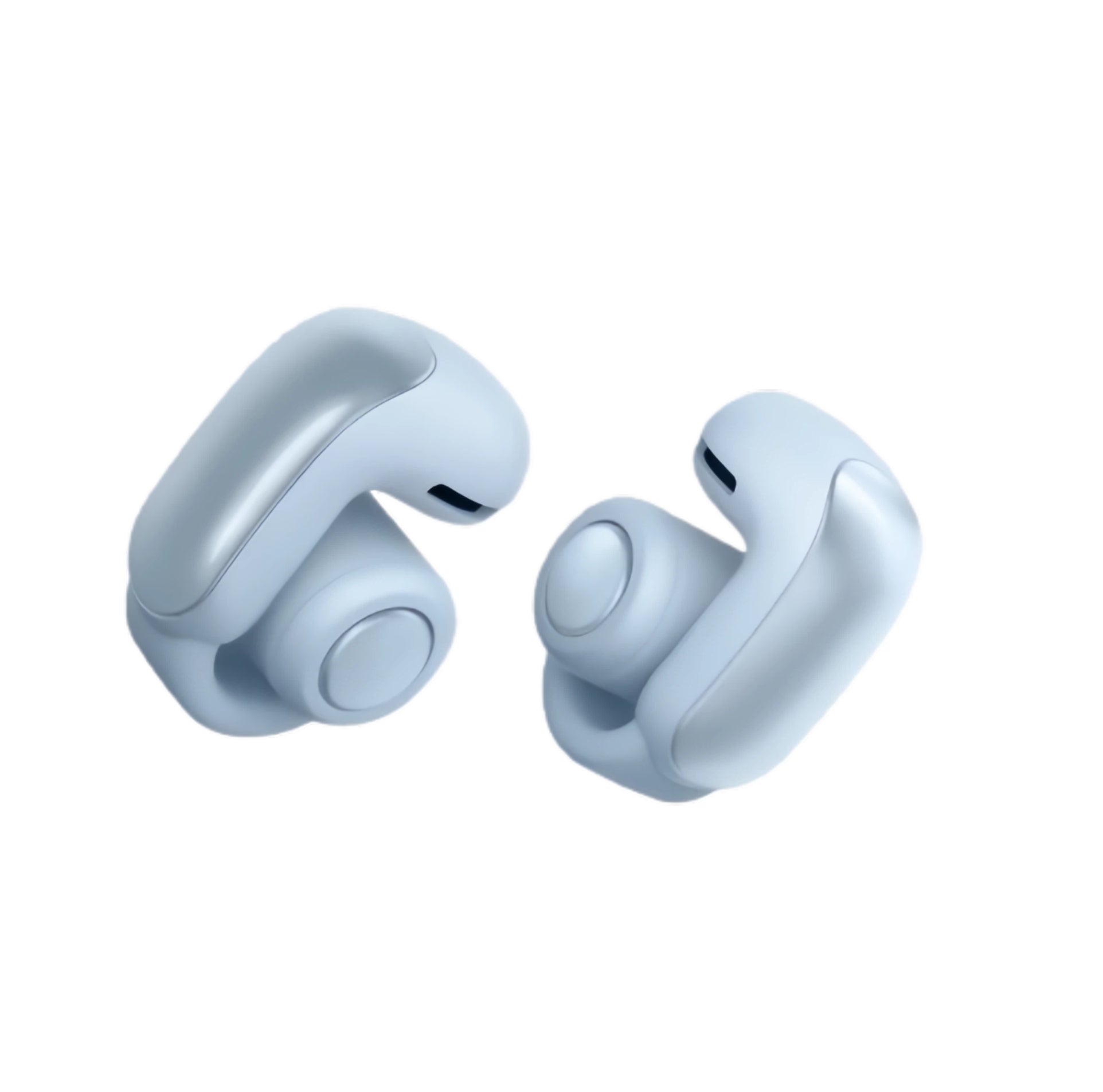 Bose Ultra Open Earbuds pair in light blue with open-ear cuff design shown at angled view