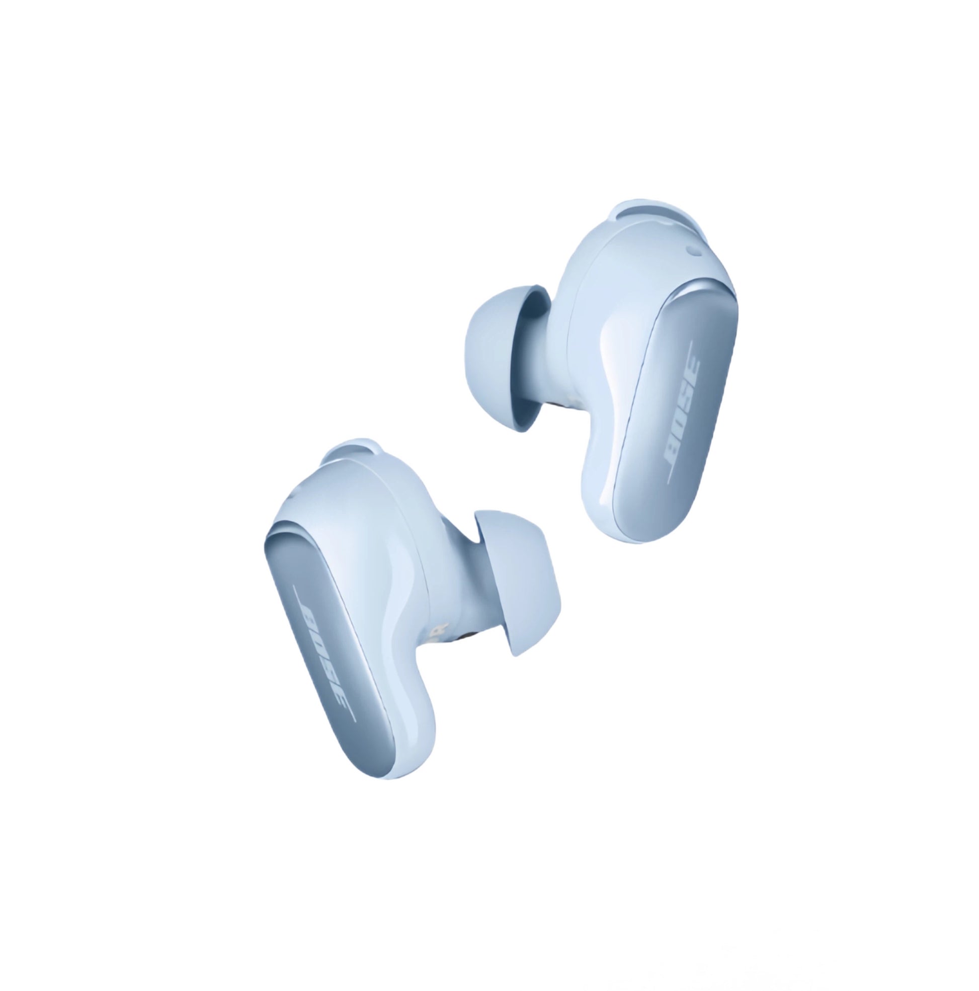 Bose QuietComfort Ultra Earbuds Gen 1 in moonstone blue, pair shown with Bose branding