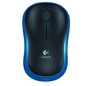 Logitech M185 wireless mouse in blue showing compact ambidextrous design