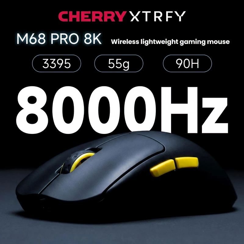CHERRY XTRFY M68 Pro 8K Wireless gaming mouse with 2.4GHz receiver and USB-C cable