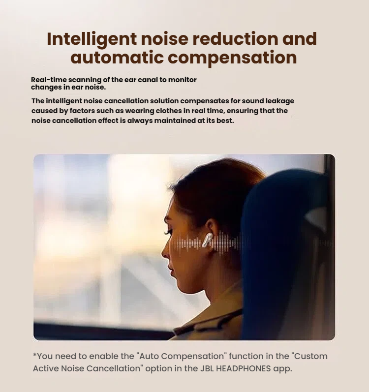 JBL Tour Pro 3 earbuds with Adaptive Noise Cancelling 2.0 feature callout