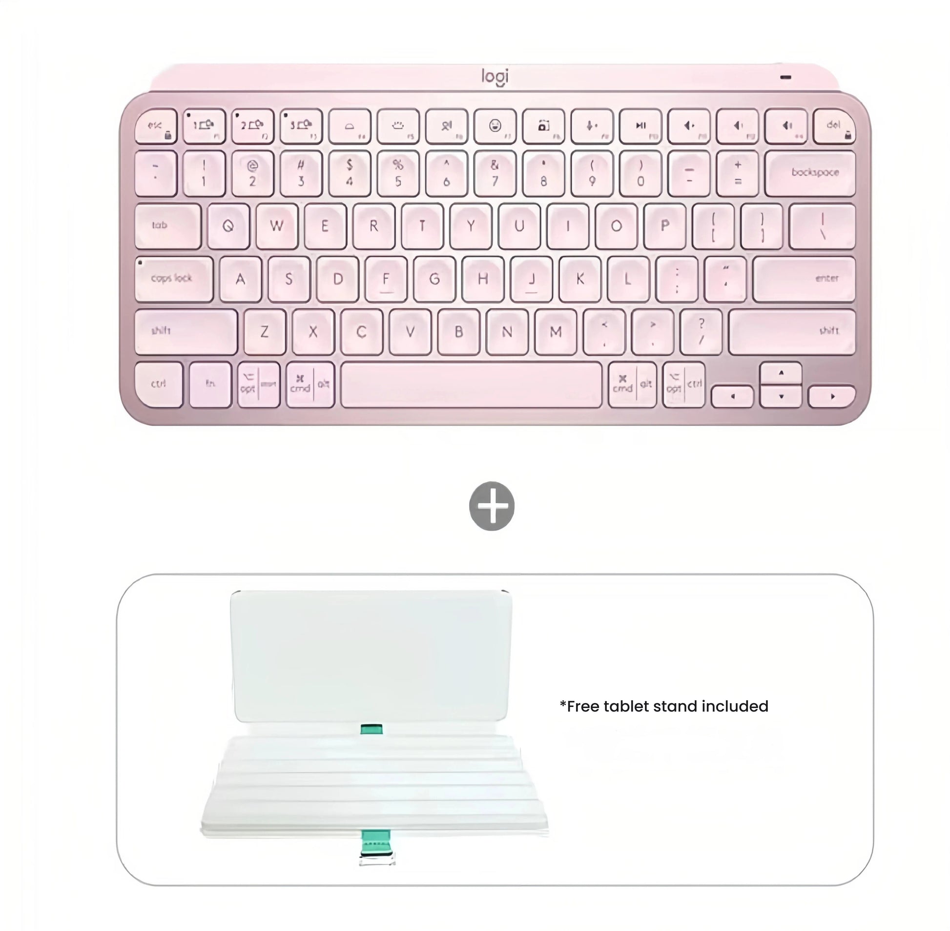 Logitech MX Keys Mini rose pink minimalist wireless backlit keyboard shown with complimentary tablet stand