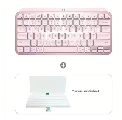 Logitech MX Keys Mini rose pink minimalist wireless backlit keyboard shown with complimentary tablet stand