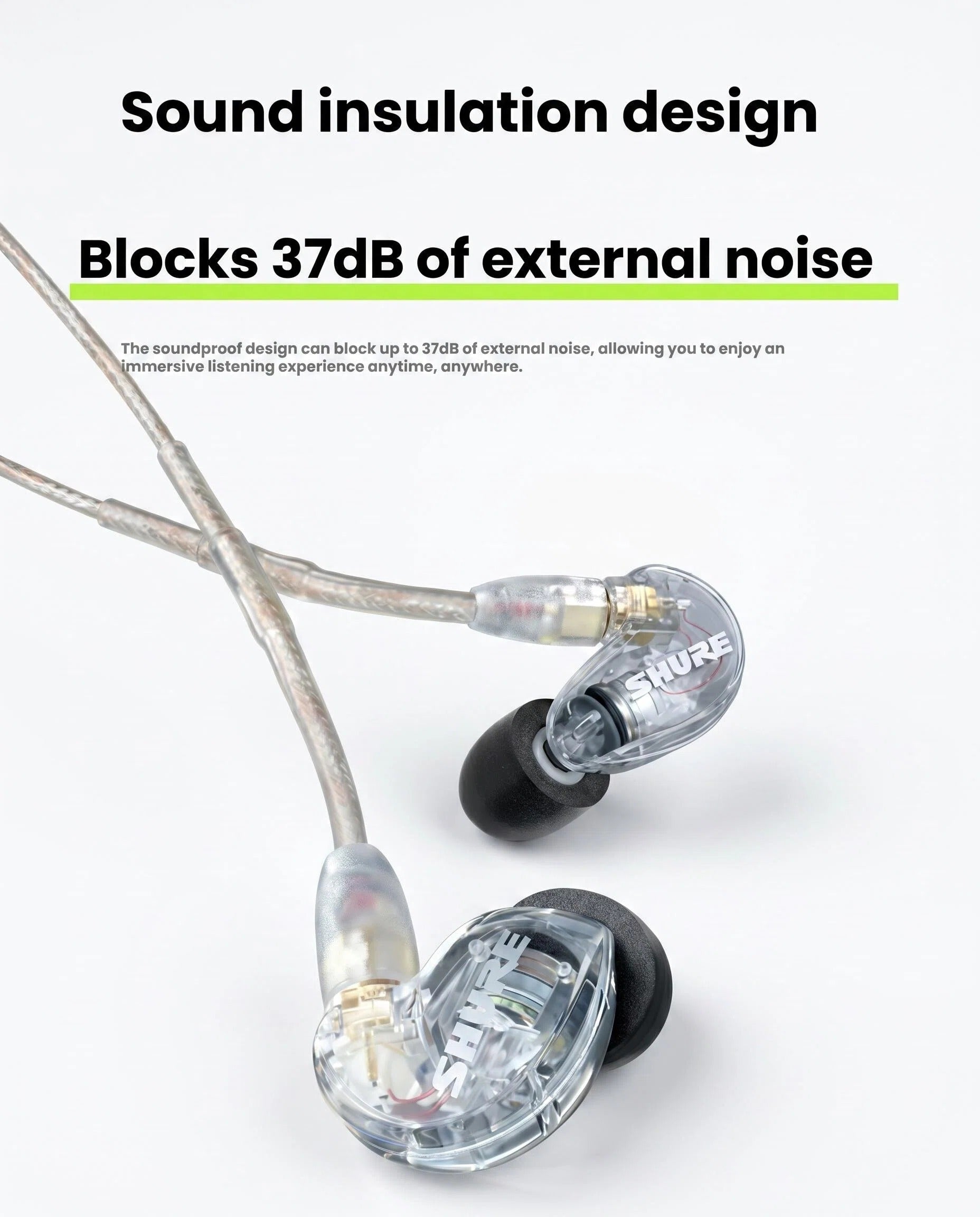 Shure SE215 earphones with secure over-ear cable routing detail view