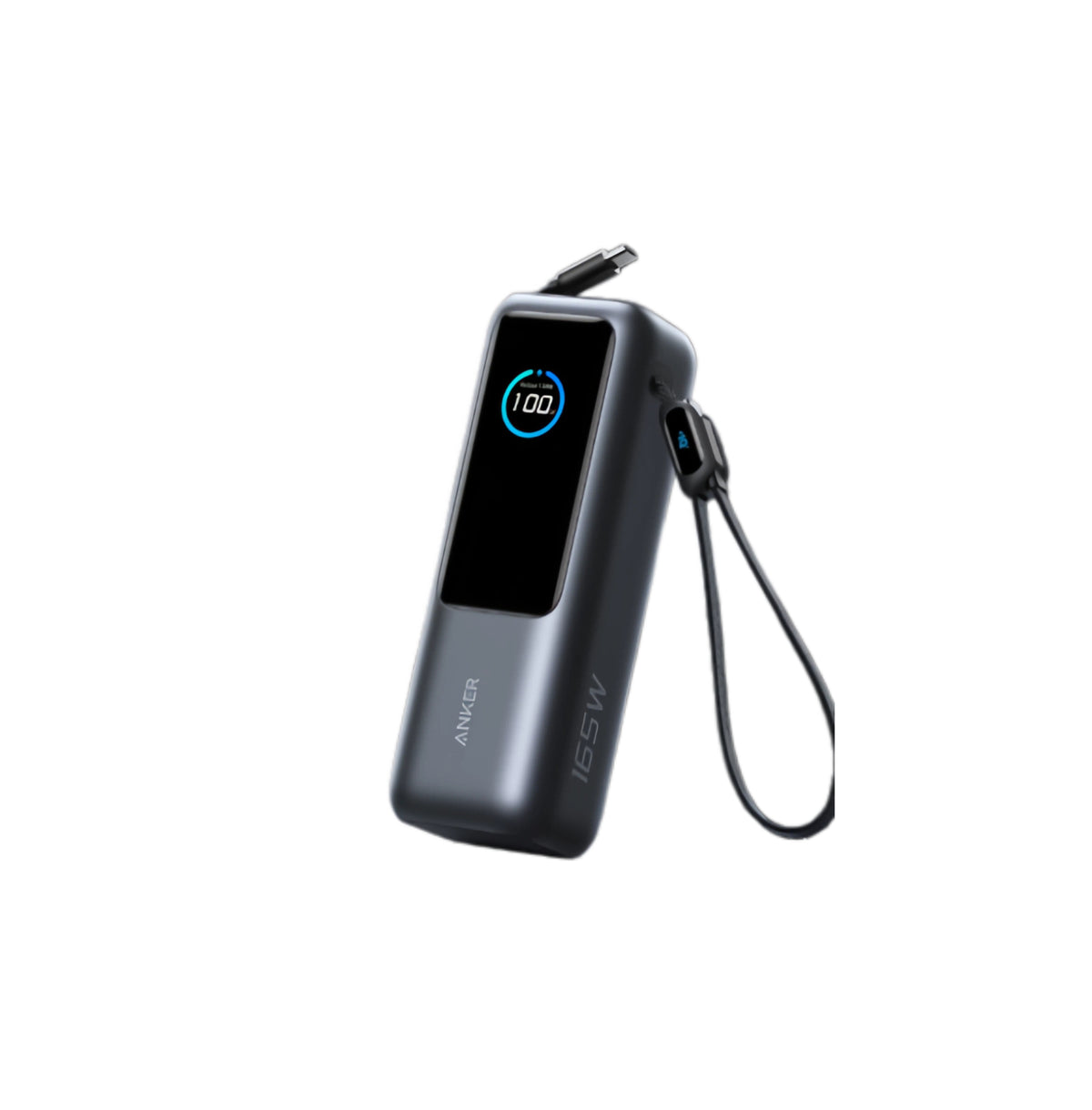 Anker 25K 165W power bank in black with digital display showing 100% and retractable USB-C cable extended