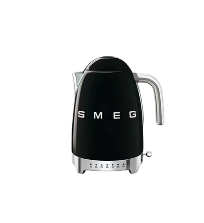 Smeg KLF04 50's Style 1.7L variable temperature kettle in black with chrome handle and temperature dial