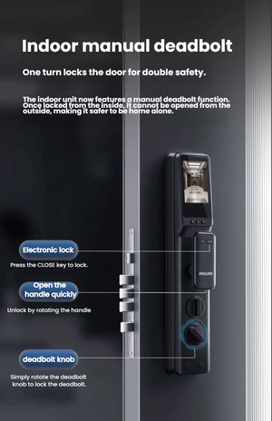 Philips DDL303 smart lock — 3.5-inch IPS indoor display unit showing live video