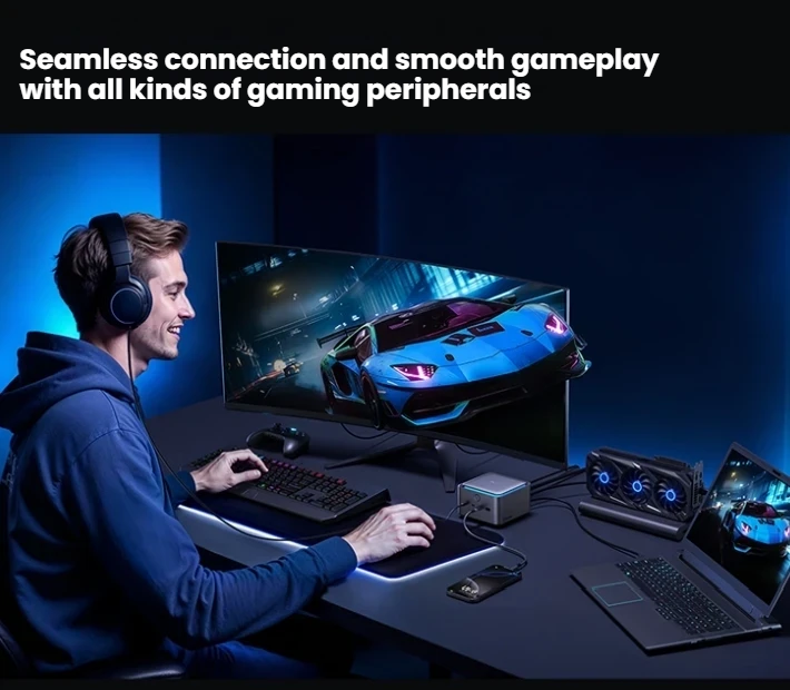 Anker Prime TB5 dock in a desktop gaming and laptop setup