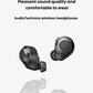 Audio-Technica ATH-CKS50TW2 wireless earbuds displayed with reflection effect, emphasizing comfortable fit and rich audio performance