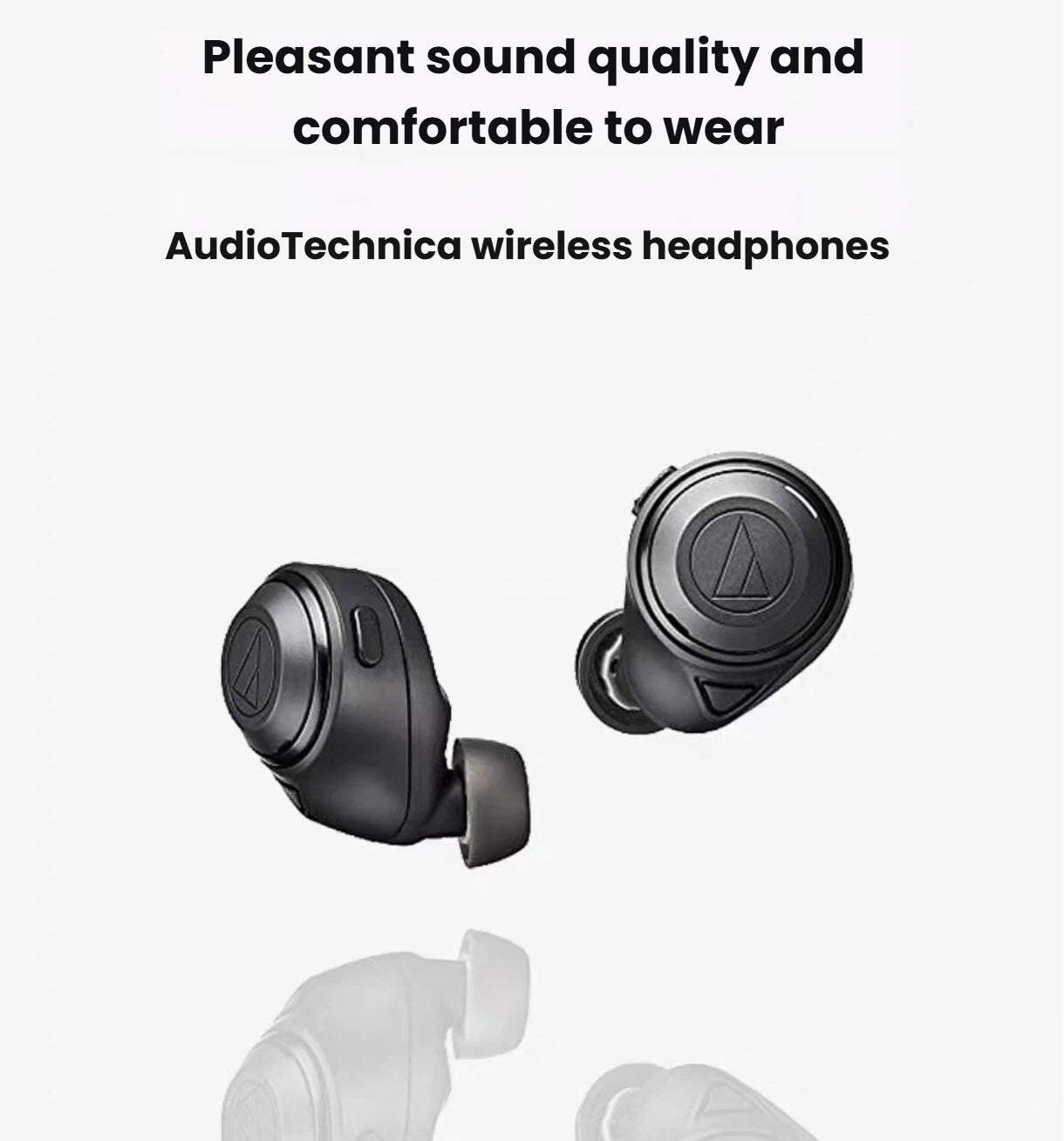 Audio-Technica ATH-CKS50TW2 wireless earbuds displayed with reflection effect, emphasizing comfortable fit and rich audio performance