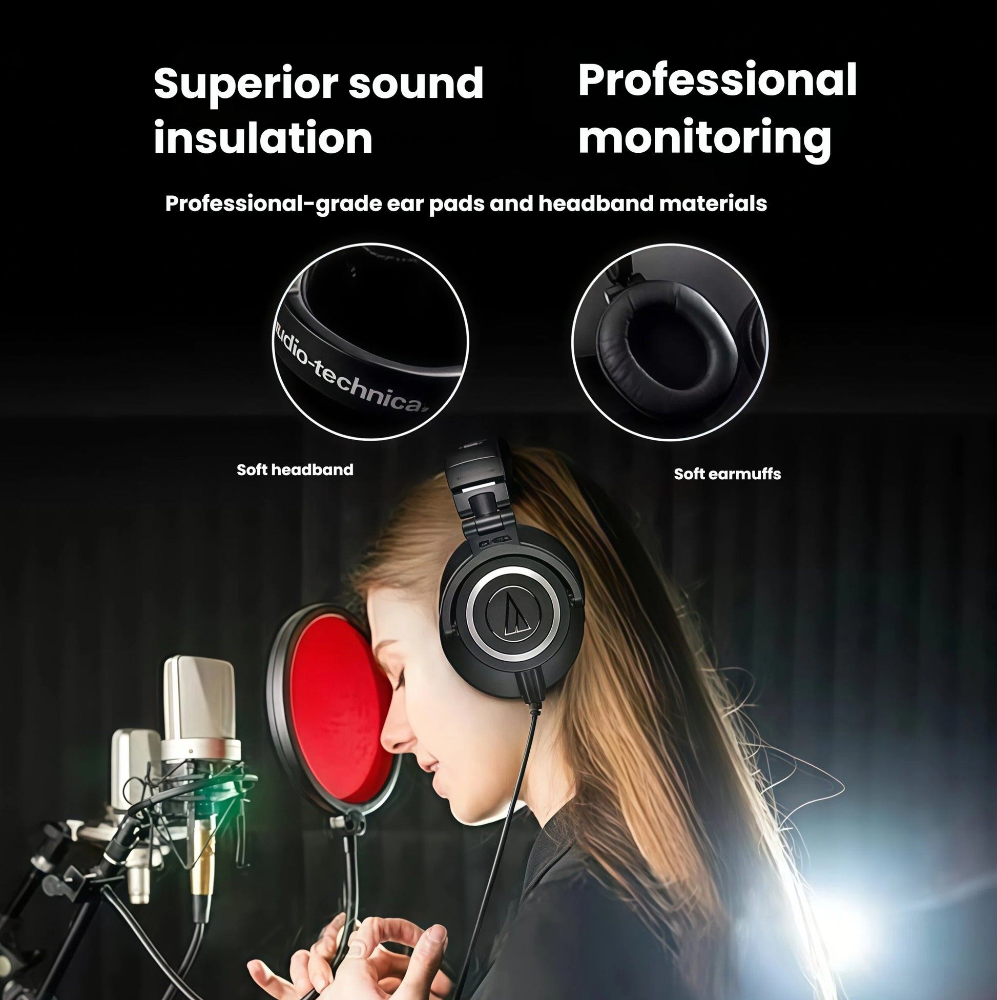 Female vocalist using Audio-Technica ATH-M50xENSO headphones in a recording studio — superior sound insulation and soft earpads ensure accurate monitoring during vocal sessions.