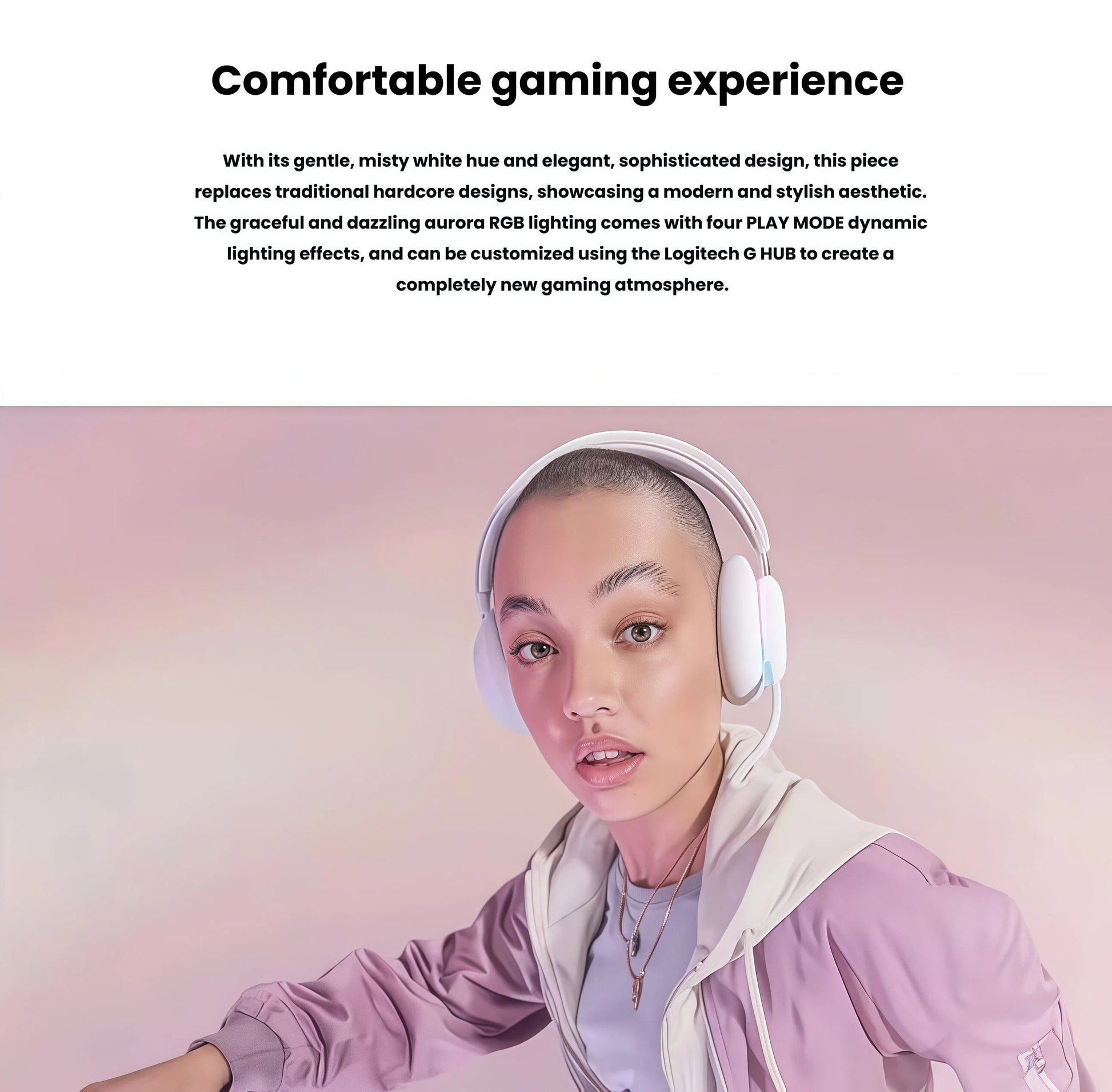  Lifestyle shot of a gamer wearing the white G735, its RGB rings glowing in soft aurora colors, controlled via Logitech G HUB software.