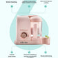 Infographic showing Beaba Babycook Solo’s 6-in-1 functions: steam heating, quick cooking, sterilization, heated baby bottle, texture control, and steam defrosting—all in one compact appliance.