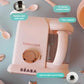 Top view of Beaba Babycook Solo showing high-quality materials: PP cooling basket, Tritan mixing cup, stainless steel water tank, and high-strength layered blades for safe, durable baby food prep.