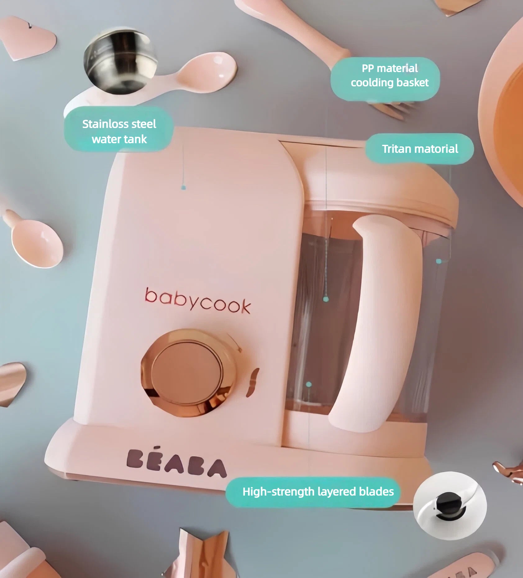 Top view of Beaba Babycook Solo showing high-quality materials: PP cooling basket, Tritan mixing cup, stainless steel water tank, and high-strength layered blades for safe, durable baby food prep.