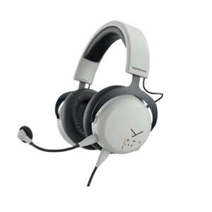 White Beyerdynamic MMX 150 gaming headset with memory foam earcups, synthetic leather headband, and flexible boom mic for clear communication.