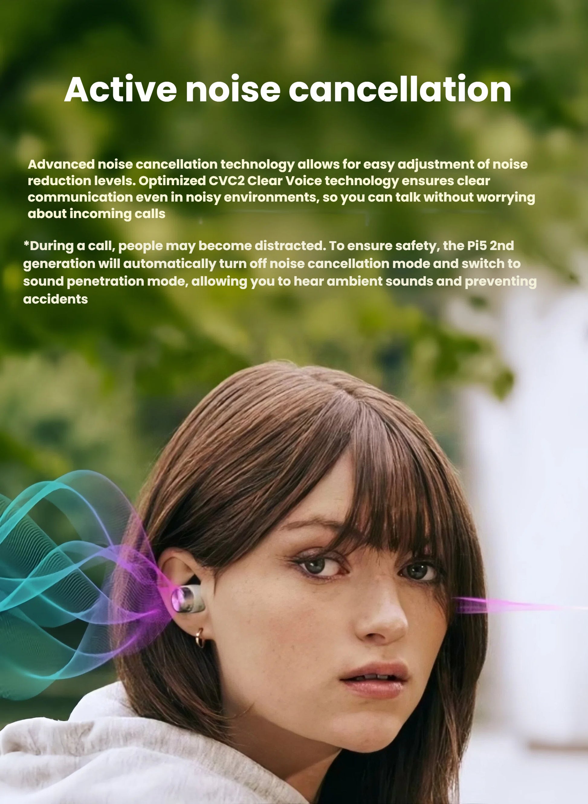 Woman using Bowers & Wilkins Pi5 S2 earbuds outdoors with visualized sound waves showing active noise cancellation and optimized CVC2 voice clarity.