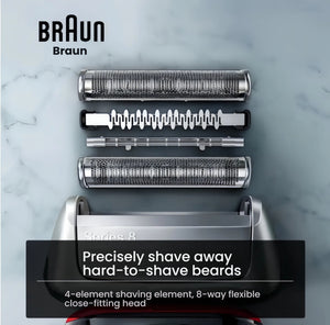 Braun Series 8 shaver with a 4-element shaving element and an 8-way flexible head for precise beard trimming.