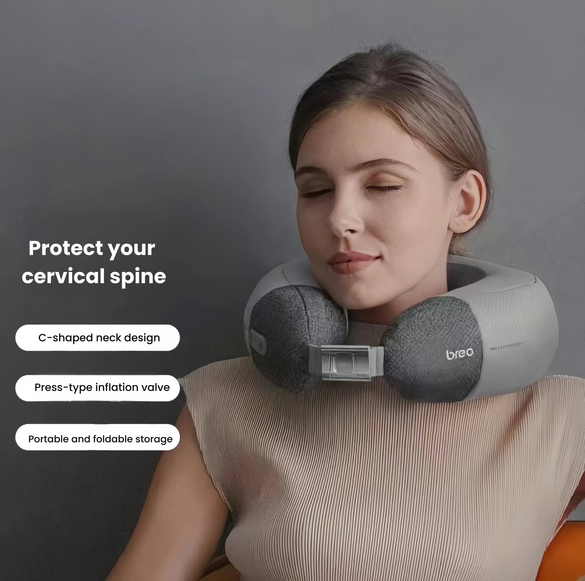 A woman wearing the Breo iNeck Air 2 around her neck for muscle relaxation. The C-shaped design supports the cervical spine, while the press-type inflation valve allows quick setup for travel or desk use.