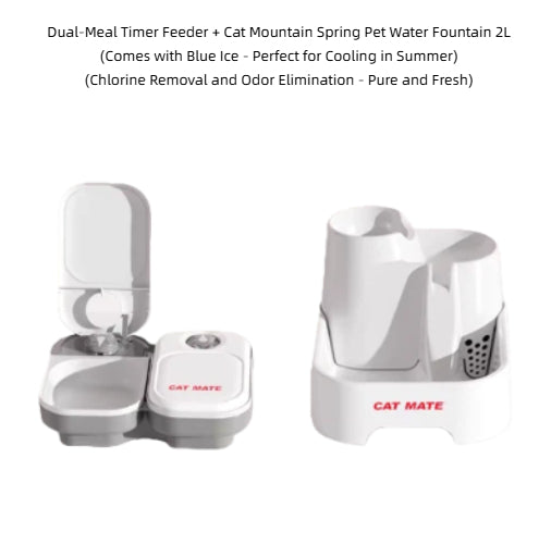 Front view of the Cat Mate dual-meal automatic pet feeder with open lid, revealing two separate food trays. Designed for cats and small dogs with timed feeding capability.