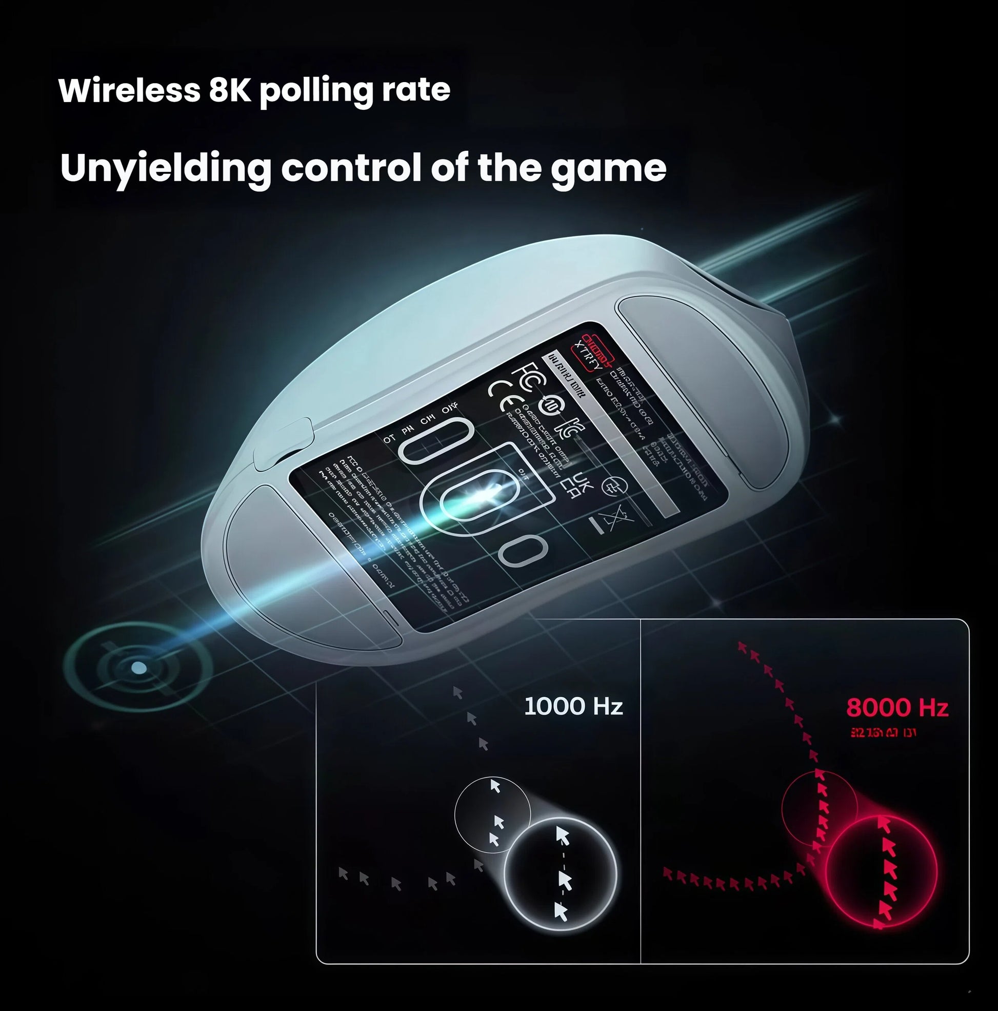 Technical visualization comparing the Cherry Xtrfy M68 WL’s 8000 Hz wireless polling rate to standard 1000 Hz. The 8KHz technology enables smoother cursor tracking, faster response times, and unyielding control during competitive gaming, especially in fast-paced FPS and MOBA titles.