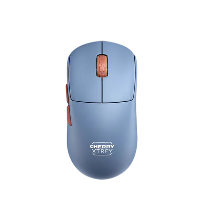 Top-down studio shot of the Cherry Xtrfy M68 WL wireless gaming mouse in blue, featuring a soft matte finish, rust-colored scroll wheel and side buttons, and the signature "CHERRY XTRFY" branding. A stylish and ergonomic option for gamers who prefer a unique color scheme without sacrificing performance.