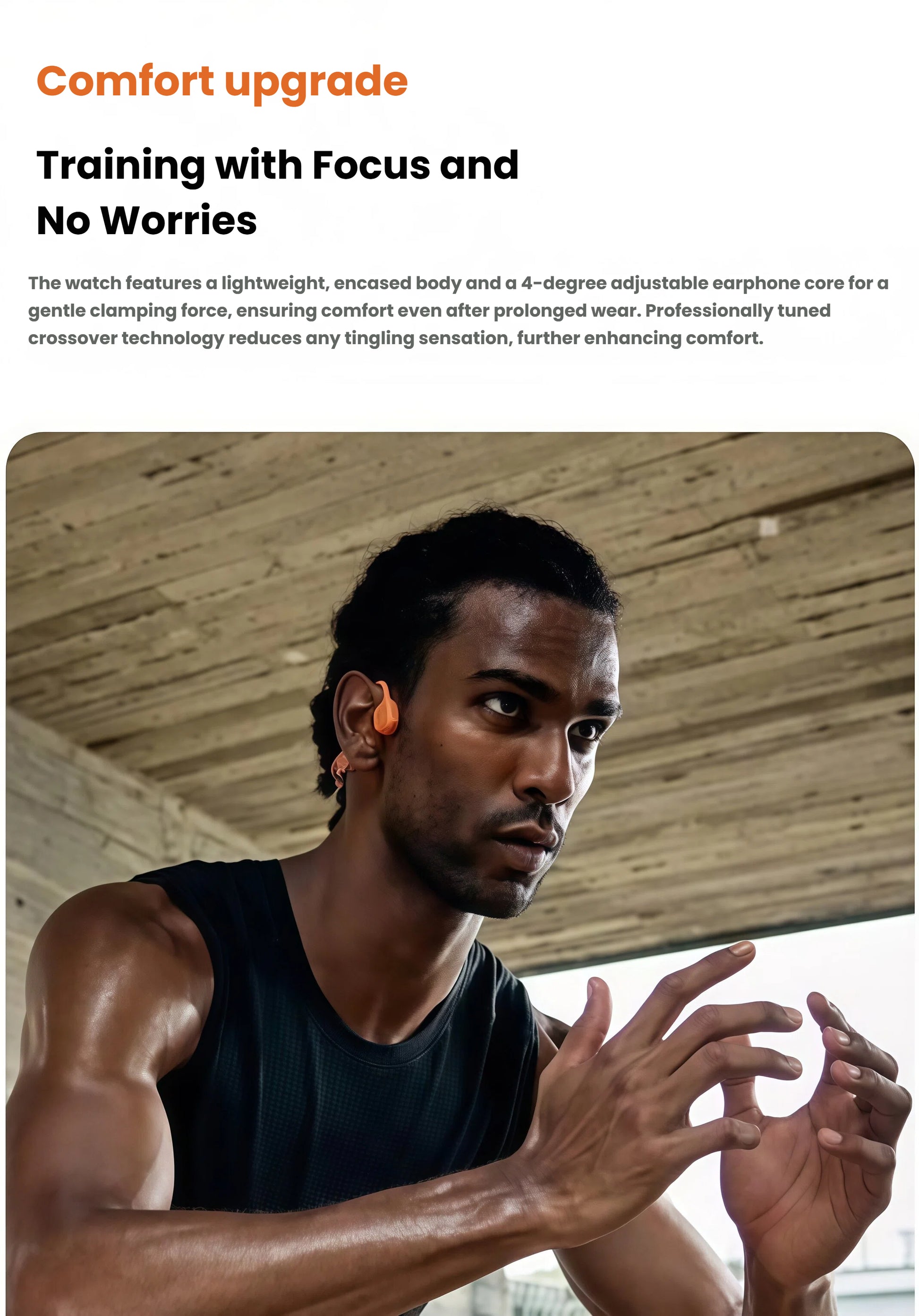 Athlete training indoors with Shokz OpenRun Pro 2 headphones, highlighting lightweight design and adjustable earphone core for comfort