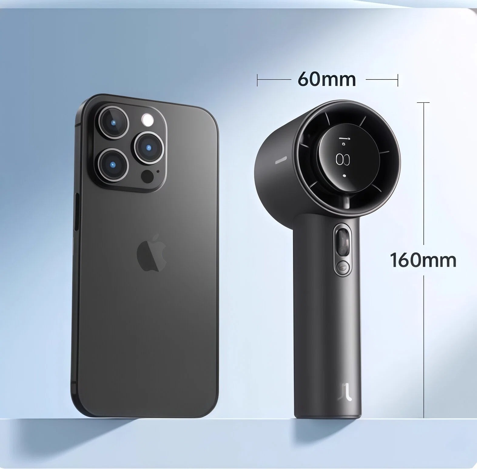 A size comparison of the compact JISULIFE Handheld Fan Pro1s next to a smartphone, showing its portable dimensions of 160mm in height and 60mm in width.