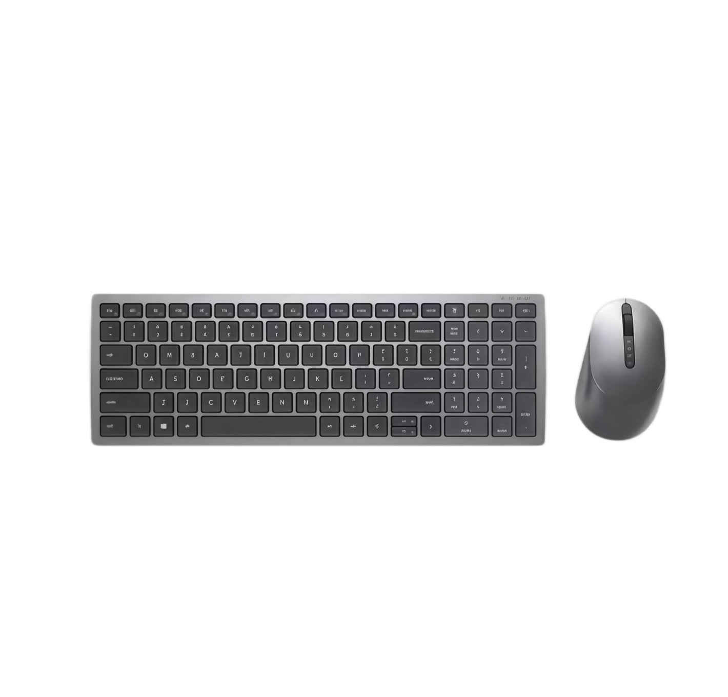 Front-facing view of the Dell KM7120W wireless keyboard and mouse set against a white background. The minimalist silver aluminum frame and black keys highlight a modern, professional aesthetic suitable for desktops, laptops, and hybrid setups.