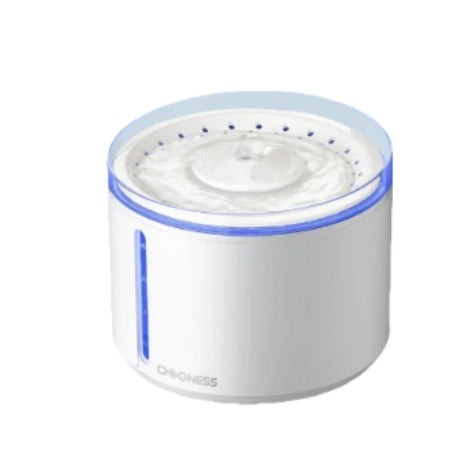 Dogness automatic pet water fountain in white color with transparent lid and blue LED ring, featuring a sleek cylindrical design and water level window for cats and small dogs