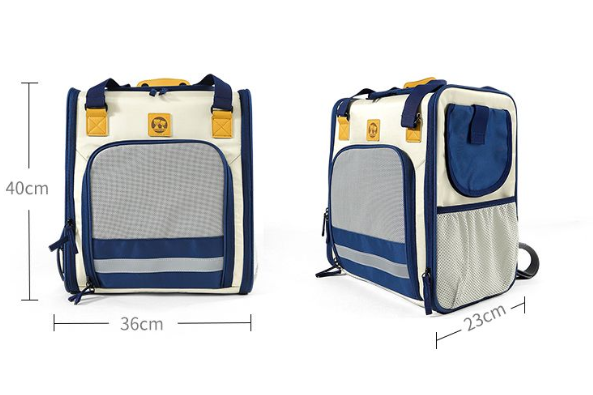 Size chart of Dogness expandable pet carrier showing dimensions: 40cm height, 36cm width, 23cm depth – compact design for easy storage and travel