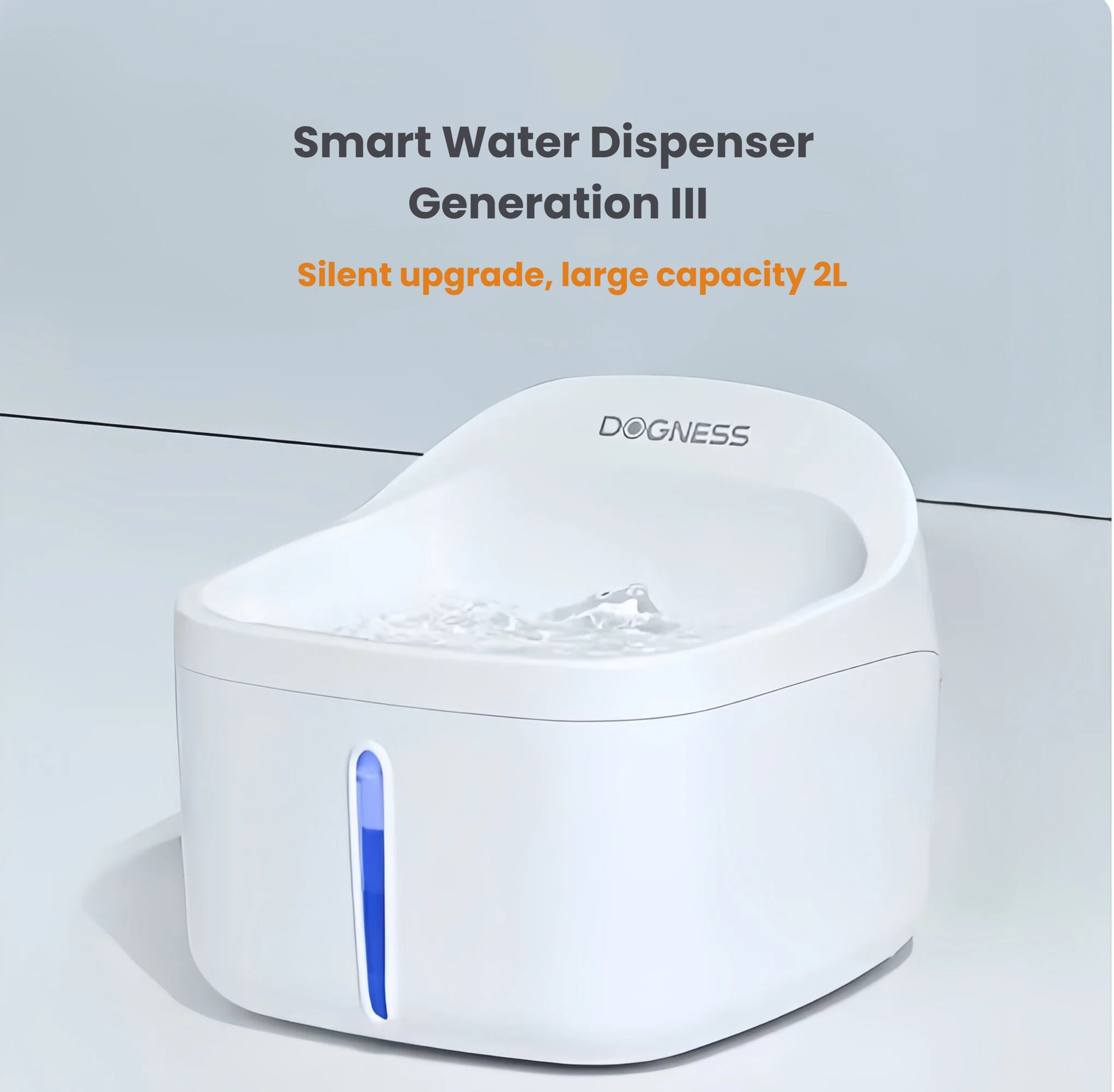 Dogness smart water dispenser generation III in white, featuring 2L capacity, quiet operation, and continuous flowing water for cats and small pets