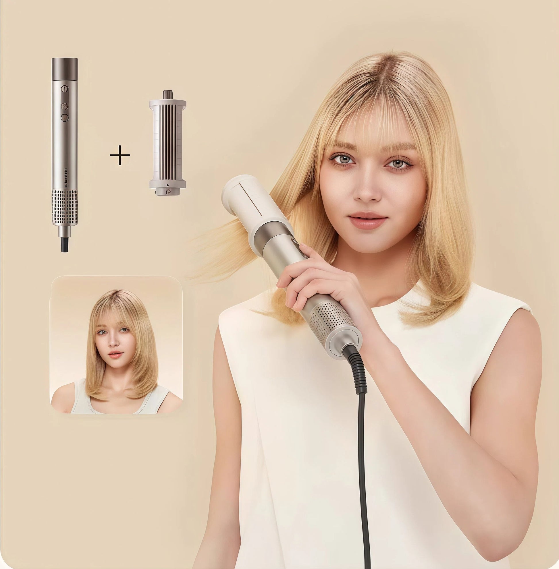 Blonde woman using the Dreame AirStyle 6-in-1 hair dryer with the volume roller attachment to add fullness and bounce to her mid-length hair. Before-and-after inset shows styled result.