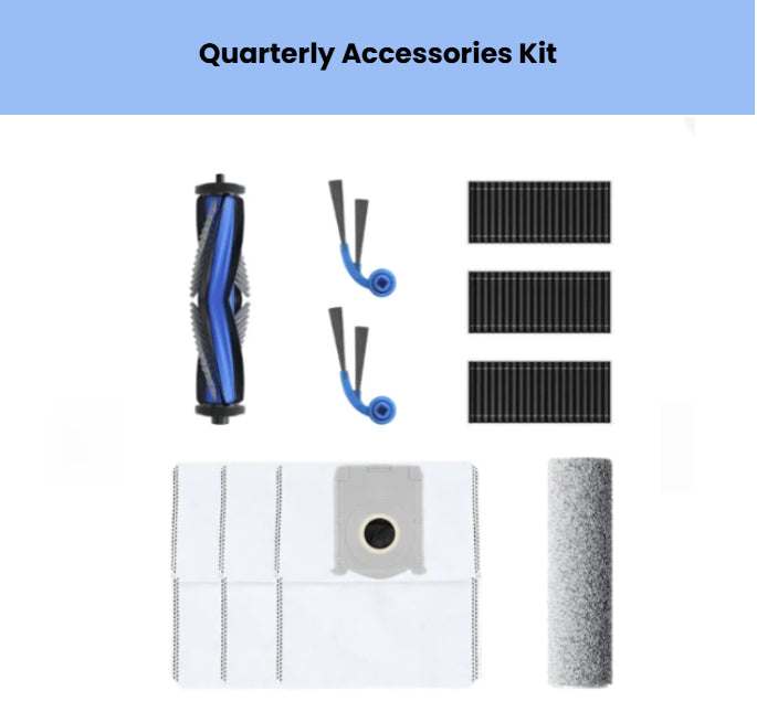 Genuine ECOVACS quarterly accessory kit for DEEBOT T80 OMNI: 1 main brush, 2 side brushes, 3 filters, 1 mop roller & 4 dust bags.