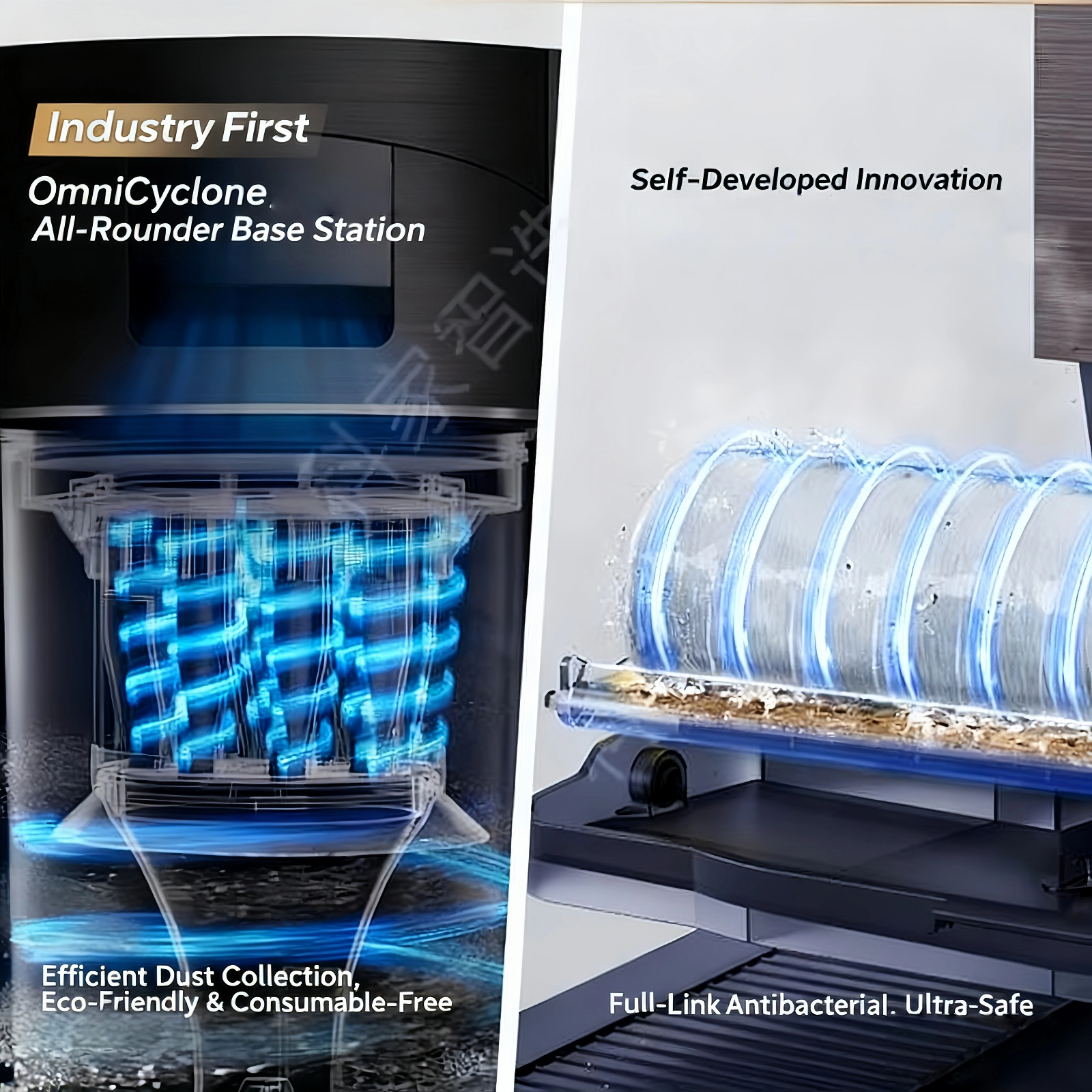 A split image detailing the self-developed innovations of the OmniCyclone Base Station. It shows the efficient, eco-friendly, and consumable-free dust collection system on the left and the full-link antibacterial, ultra-safe mop washing system on the right.