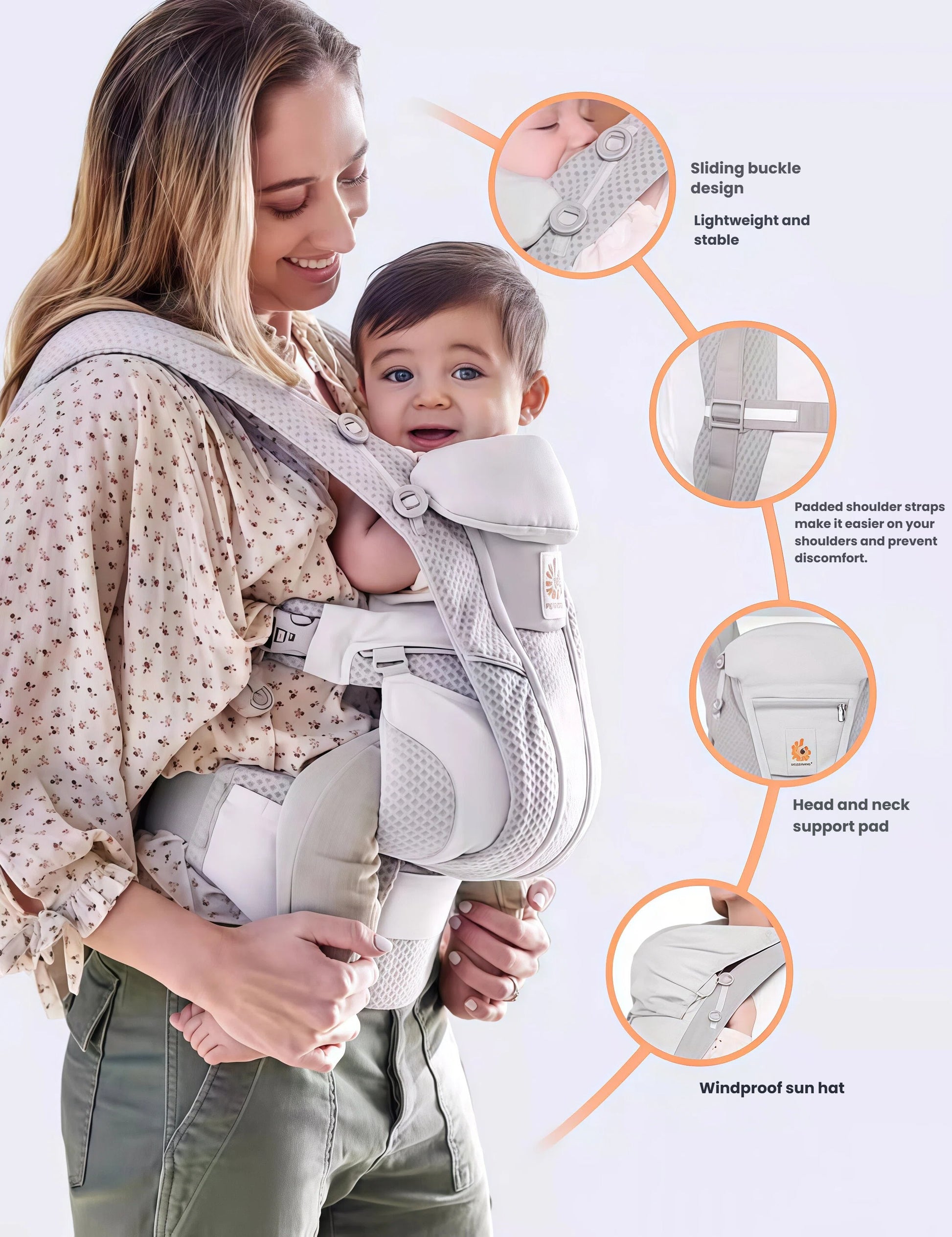 Ergobaby Omni Classic Mesh Carrier showcasing full-body breathable mesh fabric, hidden buttons for minimalist look, and upgraded newborn pillow mode with fold-down back design for seamless comfort.