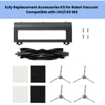 Eufy replacement accessories kit for L5O and L50 SES robot vacuum – includes 1 main brush roller, 1 dust bin filter cover, 2 white HEPA filters, 2 black foam filters, 4 side brushes, and 4 screws – compatible parts for Eufy L5O/L50 SES models