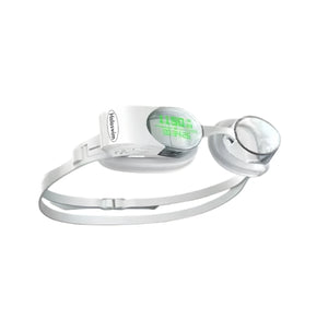 White Holoswim 2 Pro AR smart swimming goggles with sleek design and built-in digital display showing swim metrics like distance and elapsed time in green LED.