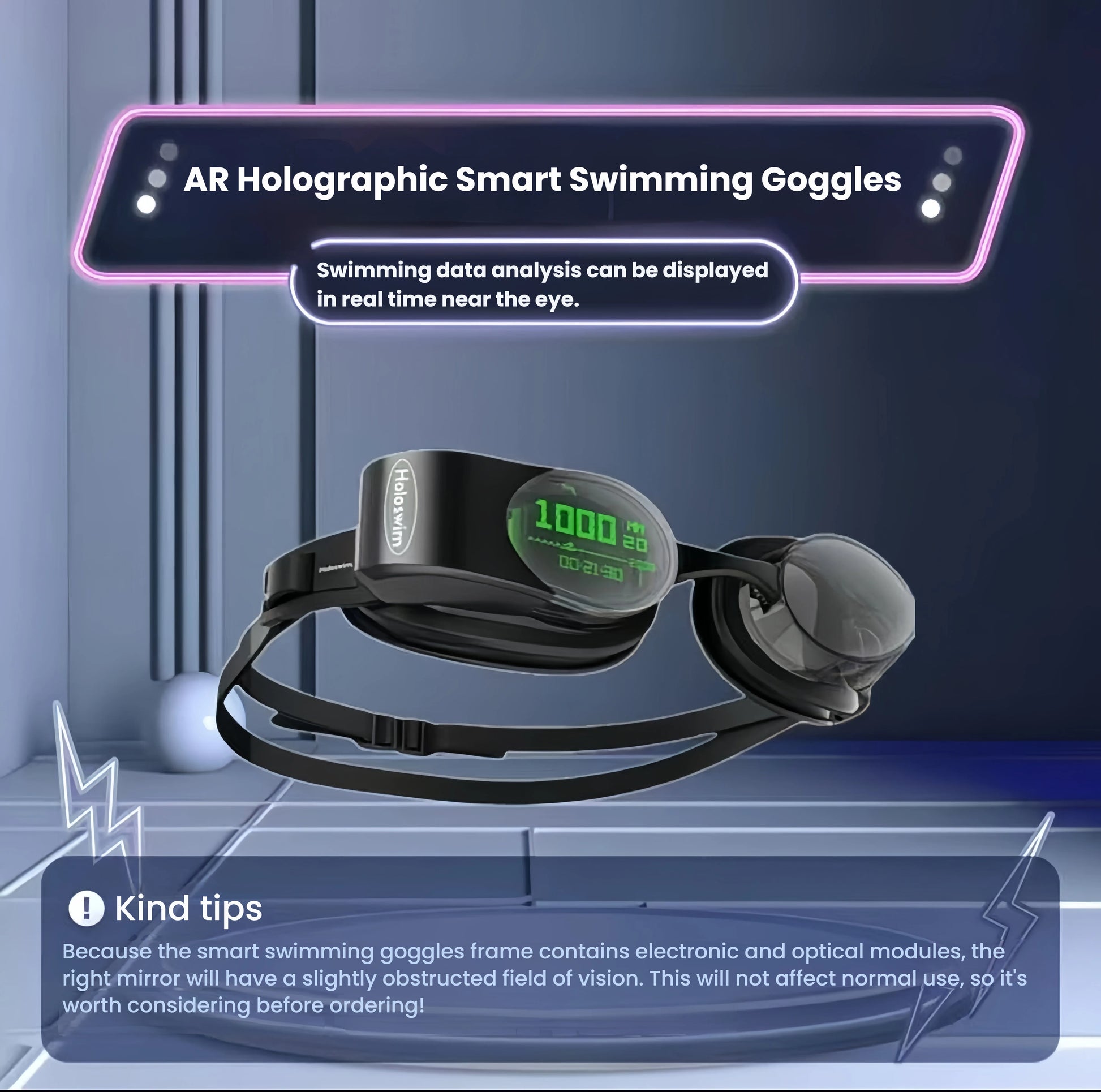 Holoswim 2 Pro AR holographic smart swimming goggles displaying 1000m swim data and lap count; includes note about slight right lens obstruction due to electronic module.