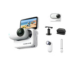 The white Insta360 GO 3S wearable action camera with its versatile Action Pod. This image shows the complete standard kit for hands-free 4K video capture.