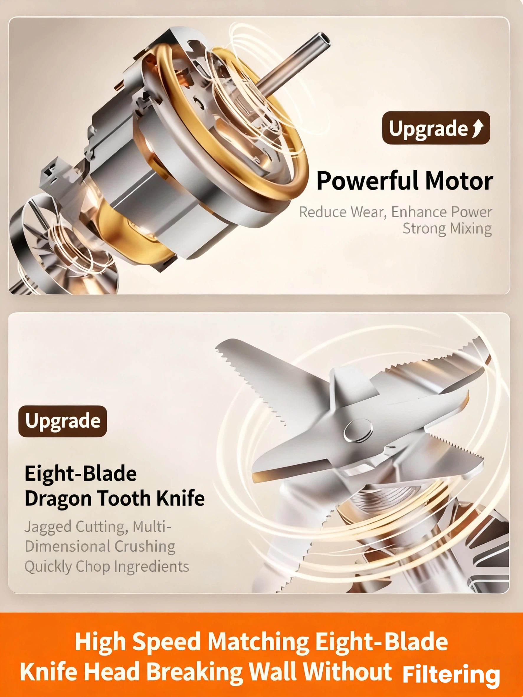 A detailed look at the Joyoung blender's upgraded powerful motor for strong mixing and its advanced eight-blade Dragon Tooth knife, designed for jagged cutting and multi-dimensional crushing to achieve a smooth, filter-free blend.