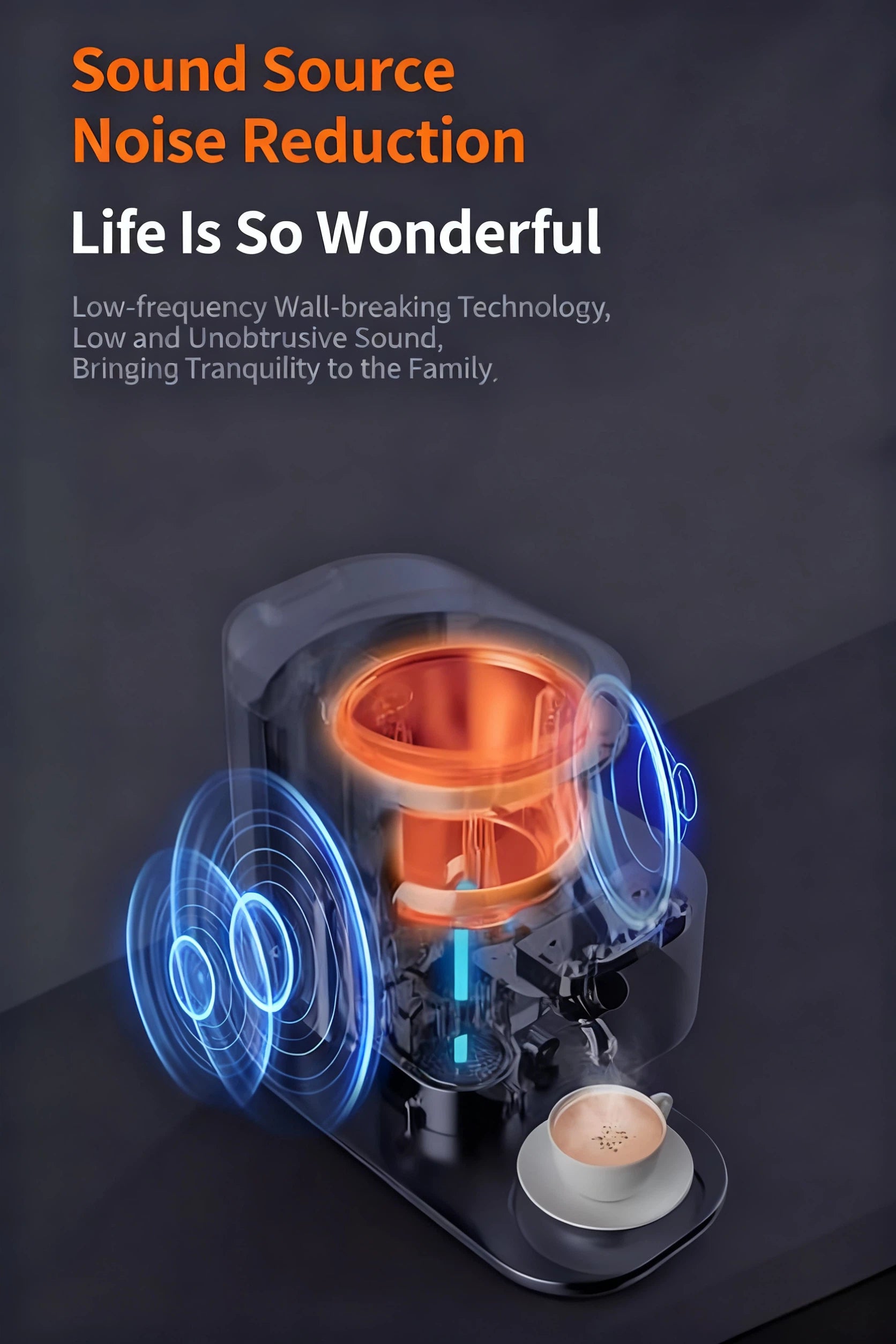 A graphic showcasing the sound source noise reduction technology of the Joyoung Y3 blender, highlighting its quiet, low-frequency operation for a peaceful home.
