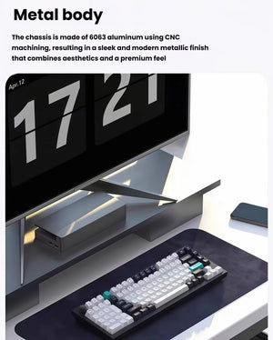 Keychron Q12 Max mechanical keyboard featuring a sleek CNC-machined 6063 aluminum chassis, placed on a modern desk setup with monitor and smartphone, showcasing premium build quality and minimalist design.