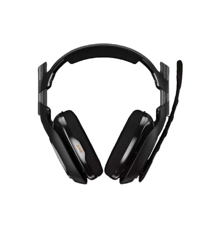  Studio shot of the black ASTRO A40 TR headset facing forward, showcasing its over-ear design, carbon-fiber ear plates, and detachable boom microphone.