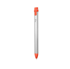Logitech Crayon digital pencil displayed against a playful purple illustrated background with cartoon creatures. Promotes creative expression on iPad with the tagline “Take a CRAYON with you!” — perfect for kids and artists alike.
