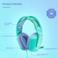 Annotated side view of the mint G335 headset labeling the soft suspension headband, memory-foam ear pads, volume wheel, folding mic, and 40 mm drivers.