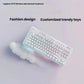 Angled product shot of the white Logitech G715 wireless mechanical keyboard with the cloud palm rest, labeled “Fashion design – Customized trendy toys,” highlighting its blend of performance and kawaii style.