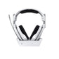 Front view of the white ASTRO A50 X headset resting in its LIGHTSPEED base station, showing the integrated charging dock and status LEDs.